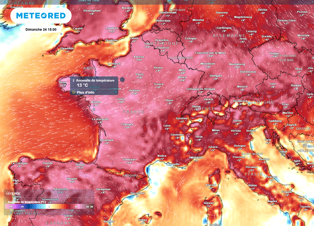 Demain, dimanche après-midi, l'anomalie thermique atteindra parfois +13°C sur la façade atlantique, avec encore des records sans doute battus.