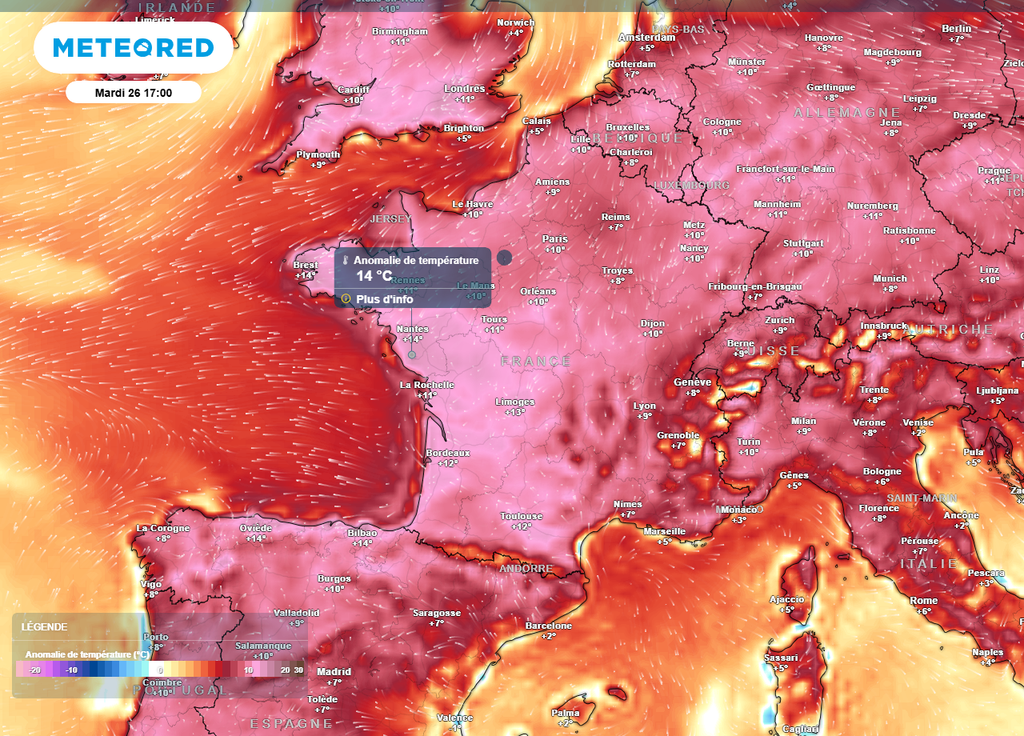 Mardi après-midi s'annonce historique en France, avec des températures souvent 10 à 14°C au-dessus des normales de saison.