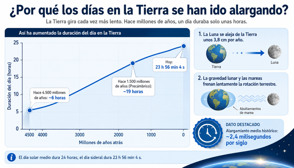 imagen representativa de la duración del día en la Tierra. La duración del día en la Tierra no siempre fue de 24 horas: la rotación del planeta se ha ido frenando lentamente por la influencia gravitacional de la Luna y las mareas, mientras nuestro satélite se aleja unos 3,8 centímetros por año.
