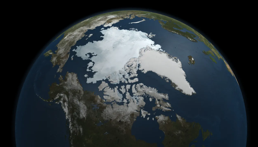 Visualización del Ártico realizada con datos del satélite Visualización del Ártico realizada con datos del satélite Aqua de la NASA. Estudios recientes vinculan el deshielo con cambios en el movimiento polar y el lento alargamiento de los días en la Tierra. Fuente: NASA’s Scientific Visualization Studio.