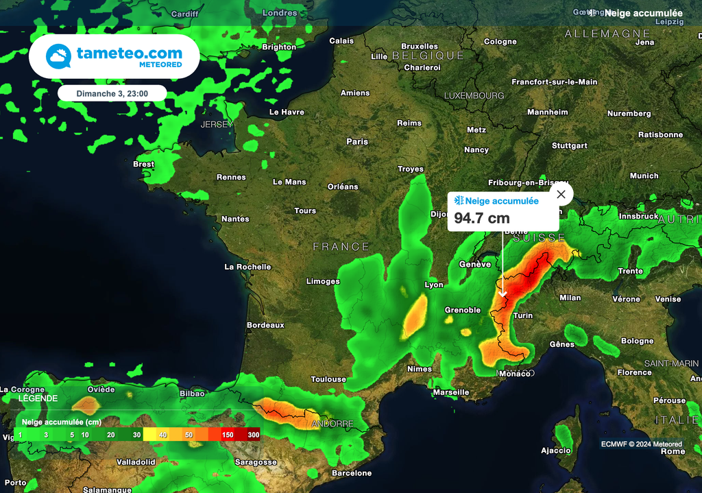 Des quantités de neige très importantes sont attendues sur les Alpes dimanche.