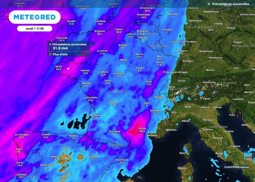 En Bretagne aussi de bonnes pluies sont prévues d'ici le milieu de semaine. En Bretagne aussi de bonnes pluies sont prévues d'ici le milieu de semaine.