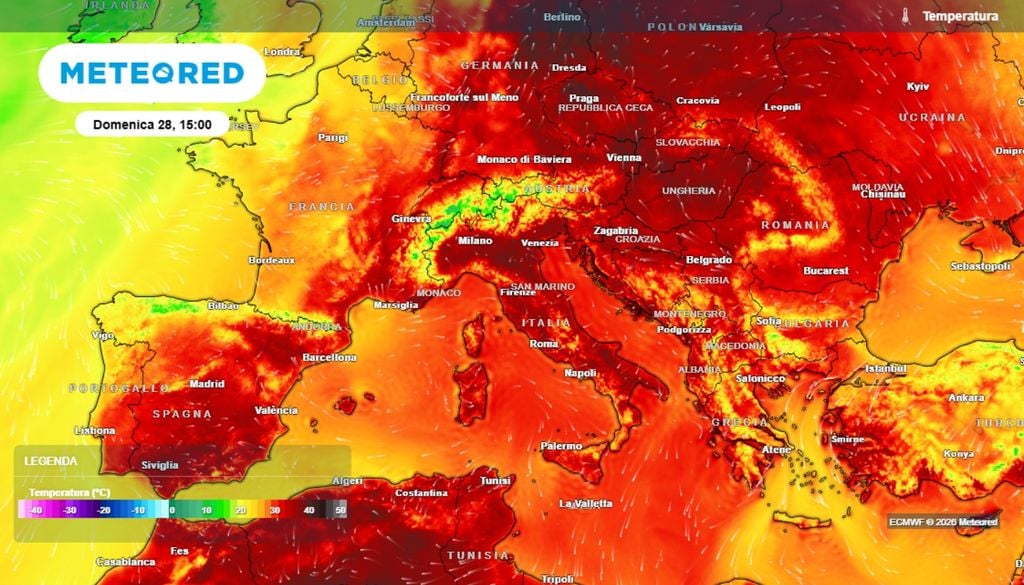 La mappa, riferita al pomeriggio di domenica 28 giugno, evidenzia come il baricentro dell'ondata di calore si sarà trasferito più ad est, interessando direttamente la nostra penisola, con asse diretto dall'Algeria fin sulla Germania e sulla Polonia. ECMWF Meteored