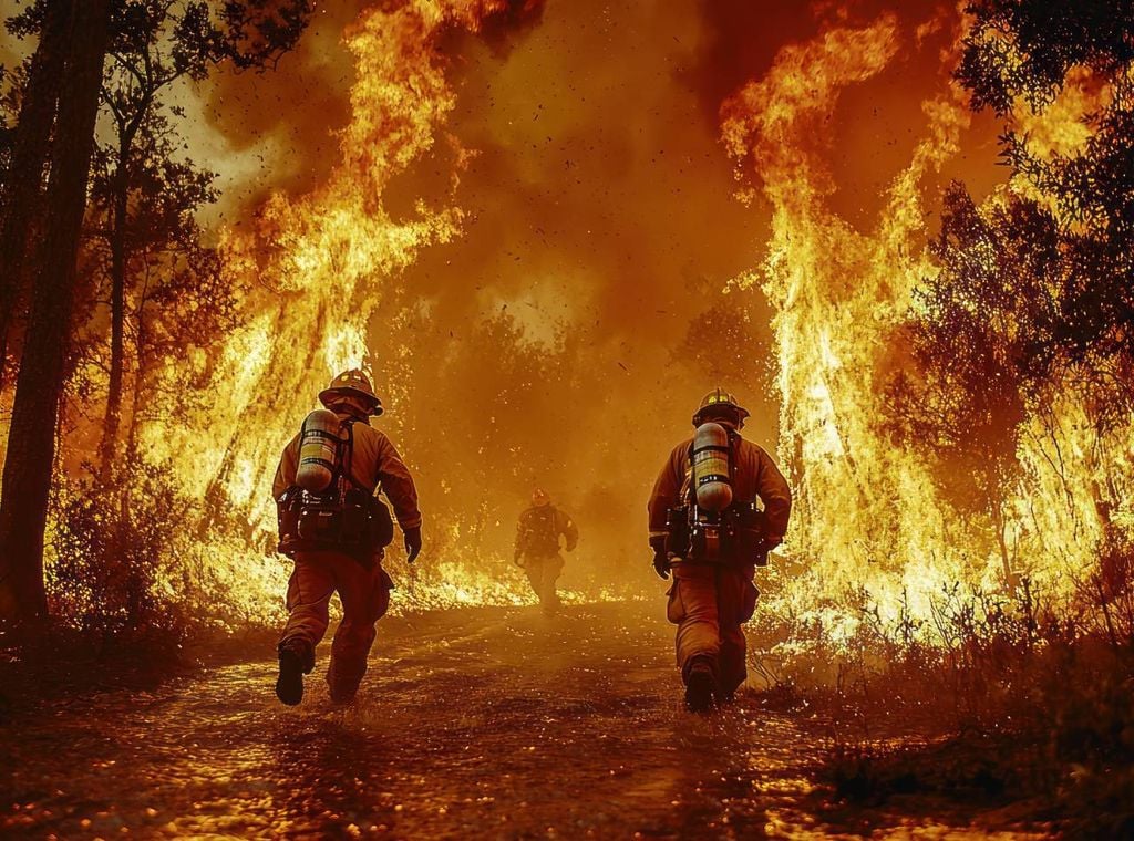 Bomberos entre llamas en un incendio forestal Bomberos entre llamas en un incendio forestal