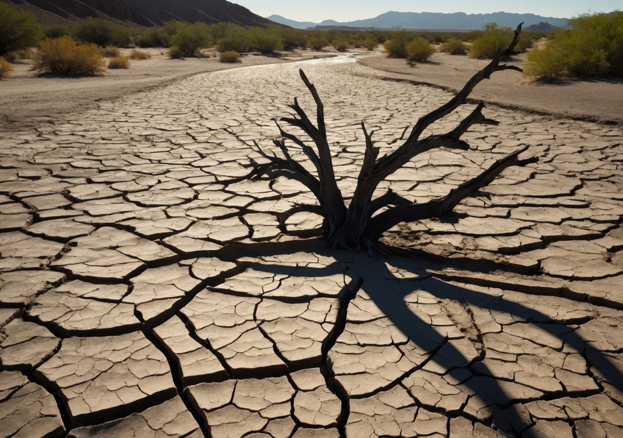 Eine karge, rissige Landschaft symbolisiert die Auswirkungen von Megadurchbrüchen in einer vom Klimawandel betroffenen Welt.