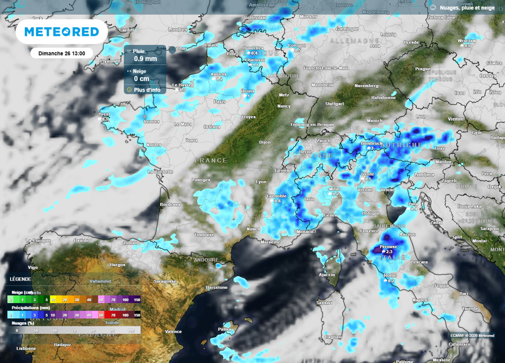 Dimanche, une perturbation en provenance de l'Atlantique réussira à traverser la France, en arrosant d'abord le Nord et l'Ouest en début de journée.