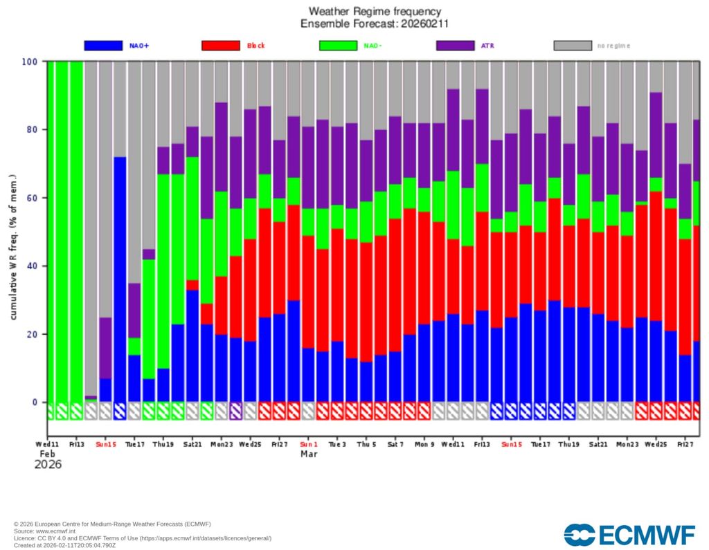 El régimen de escenarios previstos no muestra un patrón claro a partir de la próxima semana, pero otorga más importancia a una NAO+ y, por otra parte, a un patrón de bloqueo.