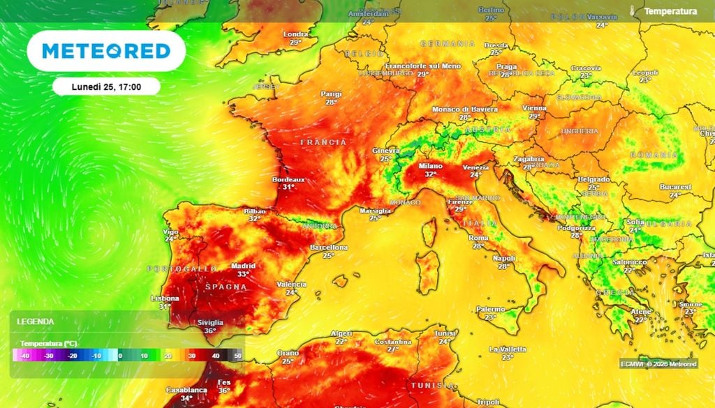 La risalita dell'aria calda avverrà a partire dai settori occidentali del continente, quindi sulla Penisola Iberica e sulla Francia, dove verranno raggiunte temperature massime con punte che, sul sud della Spagna, potrebbero toccare anche i 35-37°C.