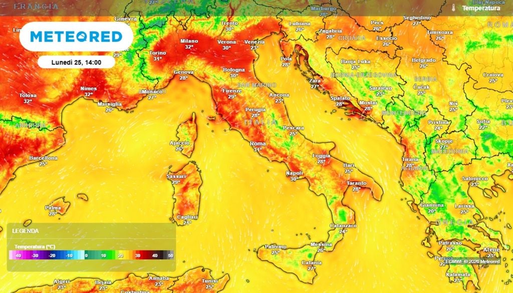Le proiezioni indicano che sul nostro Paese, tra domenica e l'inizio della prossima settimana si potranno superare diffusamente i 30°C, con punte intorno ai 31-33°C, in particolare sulle pianure del Nord, nelle aree interne centrali tirreniche.