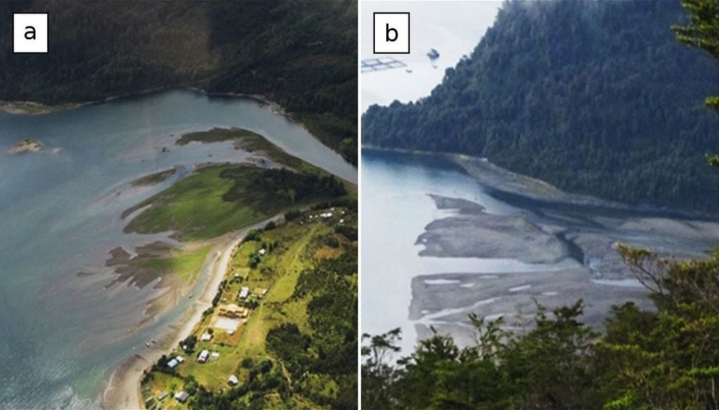 Abanicos aluviales deltaicos en el fiordo Comau. (a) Desembocadura con vegetación y viviendas sobre el abanico. (b) Bancos de grava y canales expuestos con marea baja, remodelados por el flujo mareal.