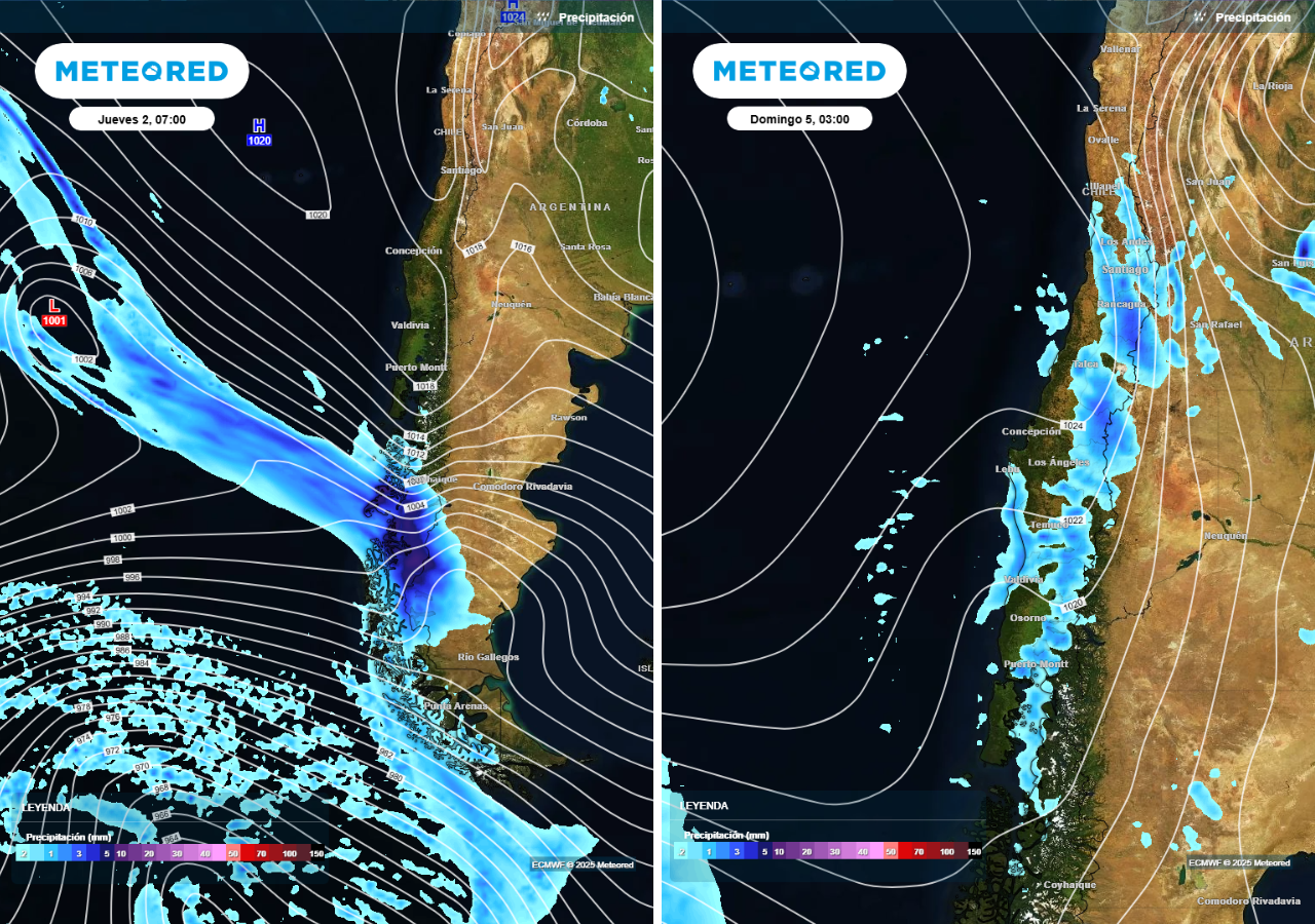 Un extenso sistema frontal dejará lluvias abundantes sobre la Patagonia, pero se moverá hacia el sur y también alcanzará la zona central.