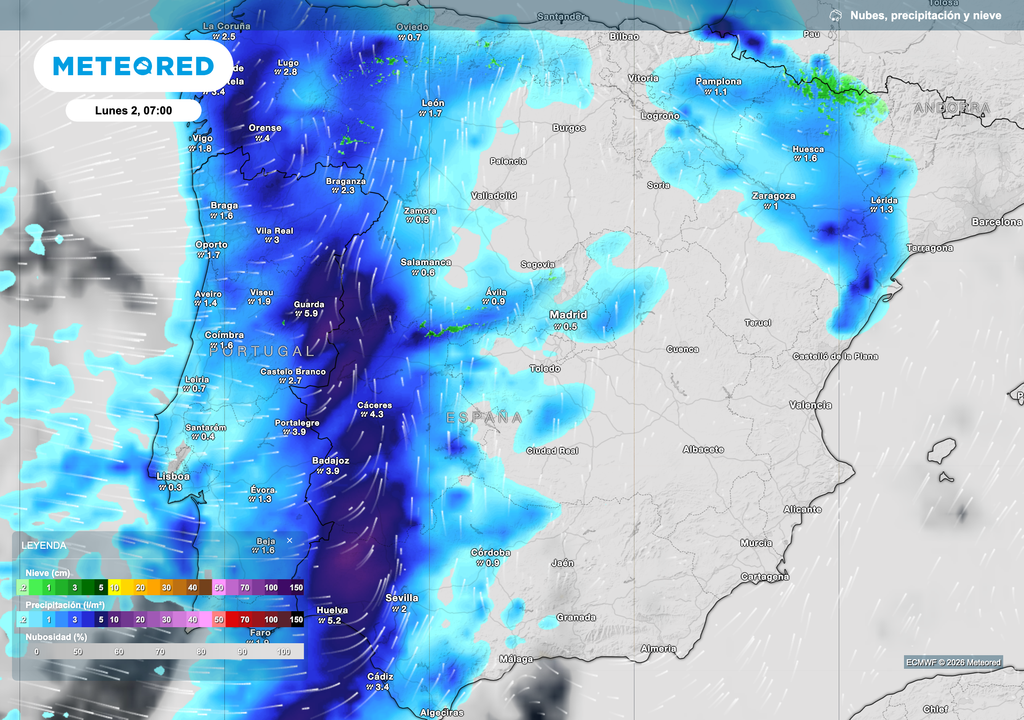 El frente de lluvias llegará al oeste de España a primera hora de la mañana del domingo 1 de febrero (fuente: modelo europeo).