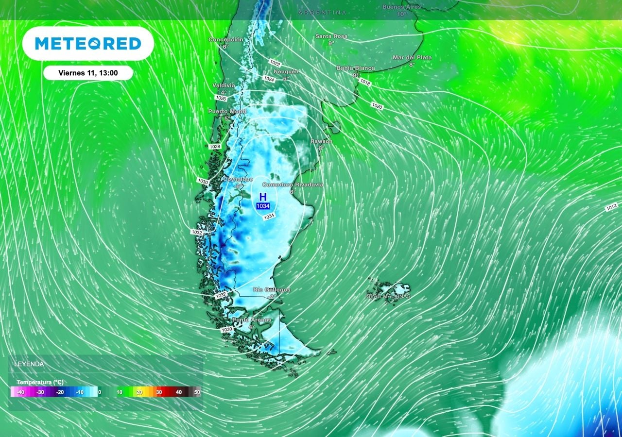 Aire antártico avanzará sobre la Patagonia esta segunda parte de la semana. Las temperaturas del viernes muestra claramente el avance de esta masa de aire.