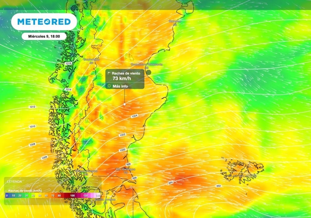 Viento intenso El apretamiento de las isobaras durante el miércoles 9 producirá períodos de viento intenso sobre el centro y sur de la Patagonia.