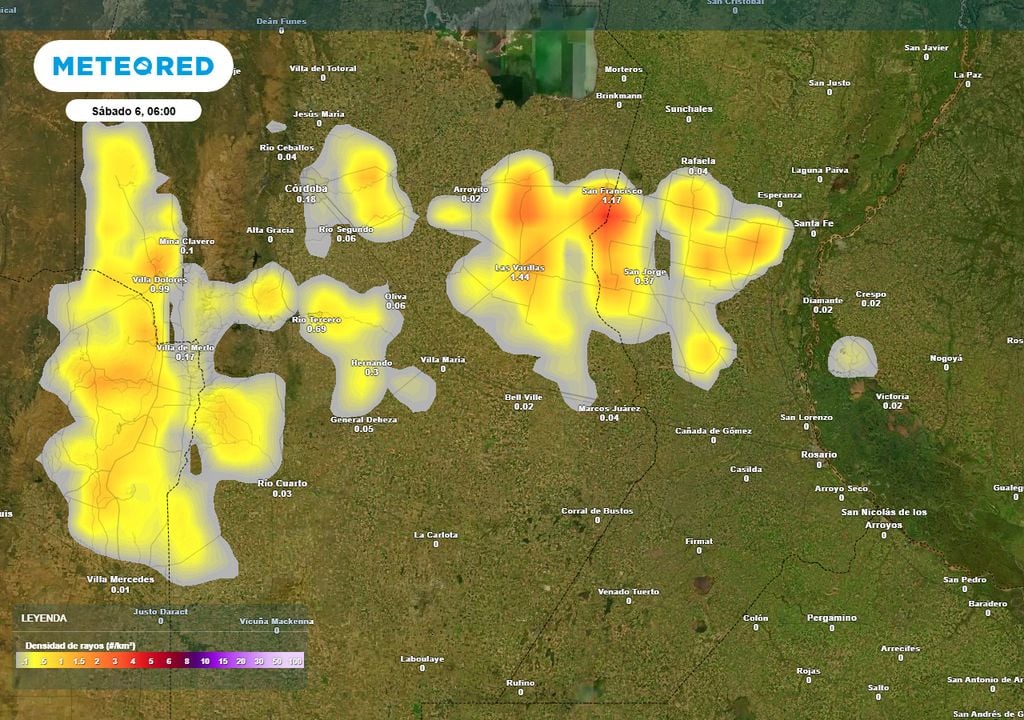 Rayos sábado El sábado, la situación será favorable para el desarrollo de tormentas en el sur del Litoral y Córdoba, tal como muestra este mapa de densidad de rayos/km2.