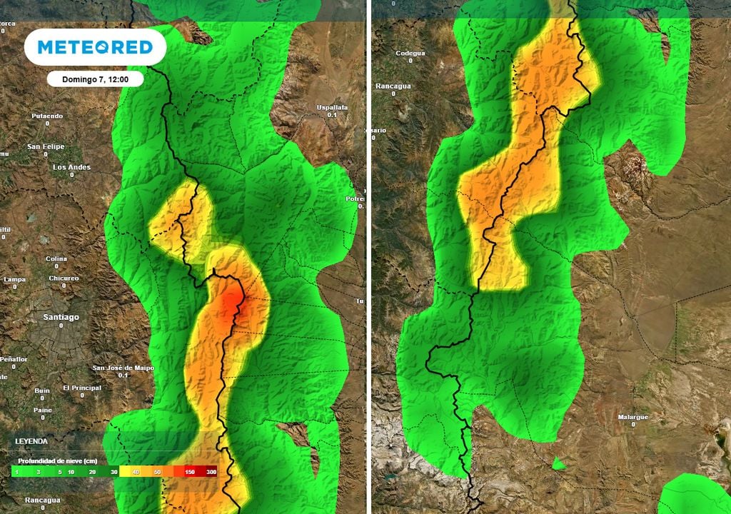 Profundidad nieve Este mapa de profundidad de nieve, muestra las consecuencias de las nevadas esperadas este fin de semana en el oeste cuyano... buenas noticias para los centros de ski