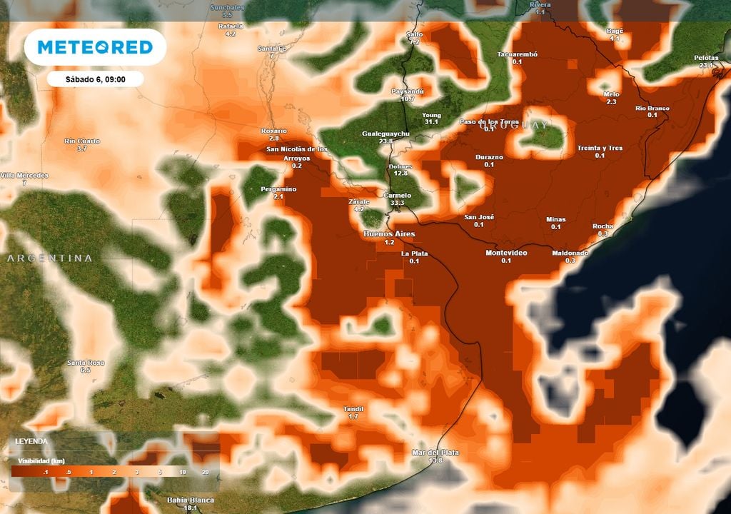 visibilidad reducida En este mapa de visibilidad del sábado a la mañana, podemos ver que se mantienen las condiciones de visisbilidad reducida en el nordeste de la provincia de Buenos Aires, incluyendo al AMBA