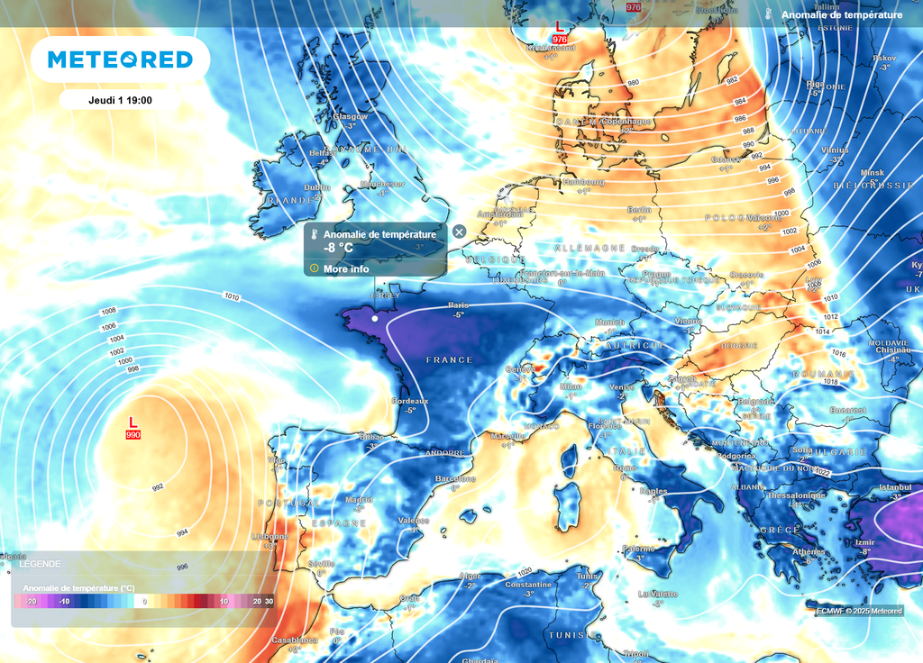 Anomalie de température Europe jeudi 1er janvier Anomalie de température Europe jeudi 1er janvier