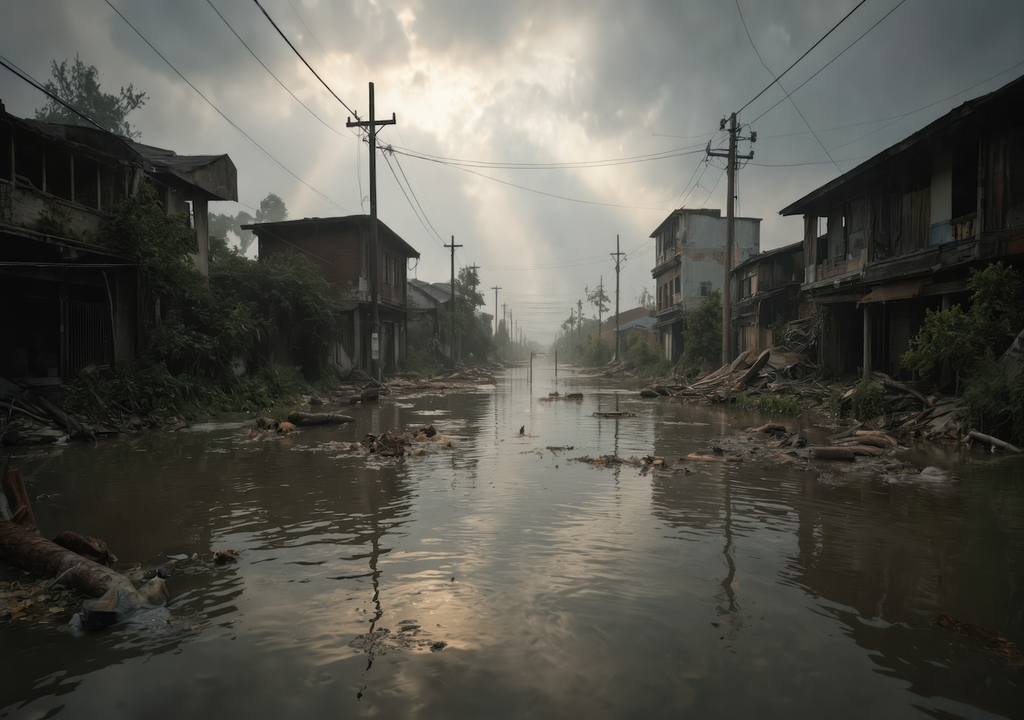 Überschwemmte Straßen, beschädigte Gebäude, Wetterereignisse, Klimawandel Überschwemmte Straßen, beschädigte Gebäude, Wetterereignisse, Klimawandel
