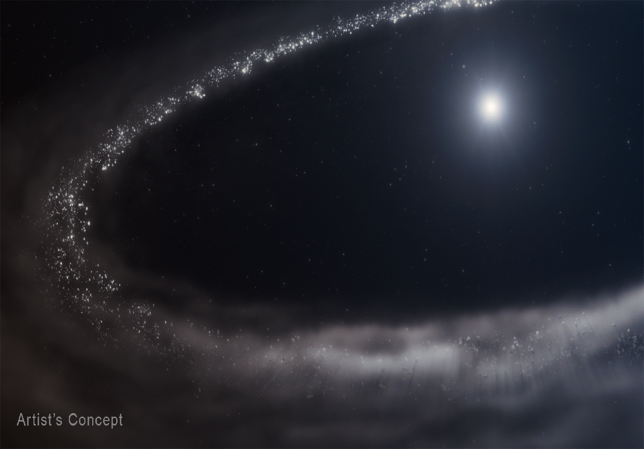 Rappresentazione artistica dell'anello di cristalli di acqua ghiacciata attorno alla giovane stella HD 181327 simile al nostro Sole. Credit: NASA, ESA, CSA, STScI, Ralf Crawford (STScI)