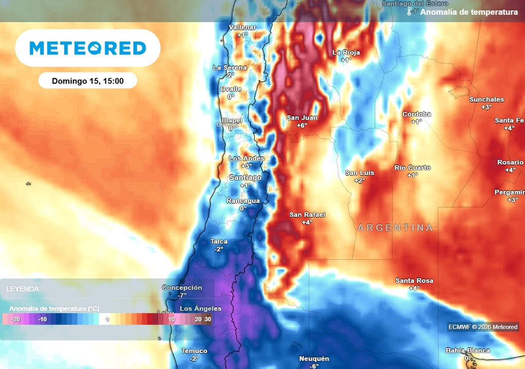 Mapa de anomalías del ECMWF indican temperaturas más bajas durante el fin de semana en Santiago y zonas del centro de Chile.