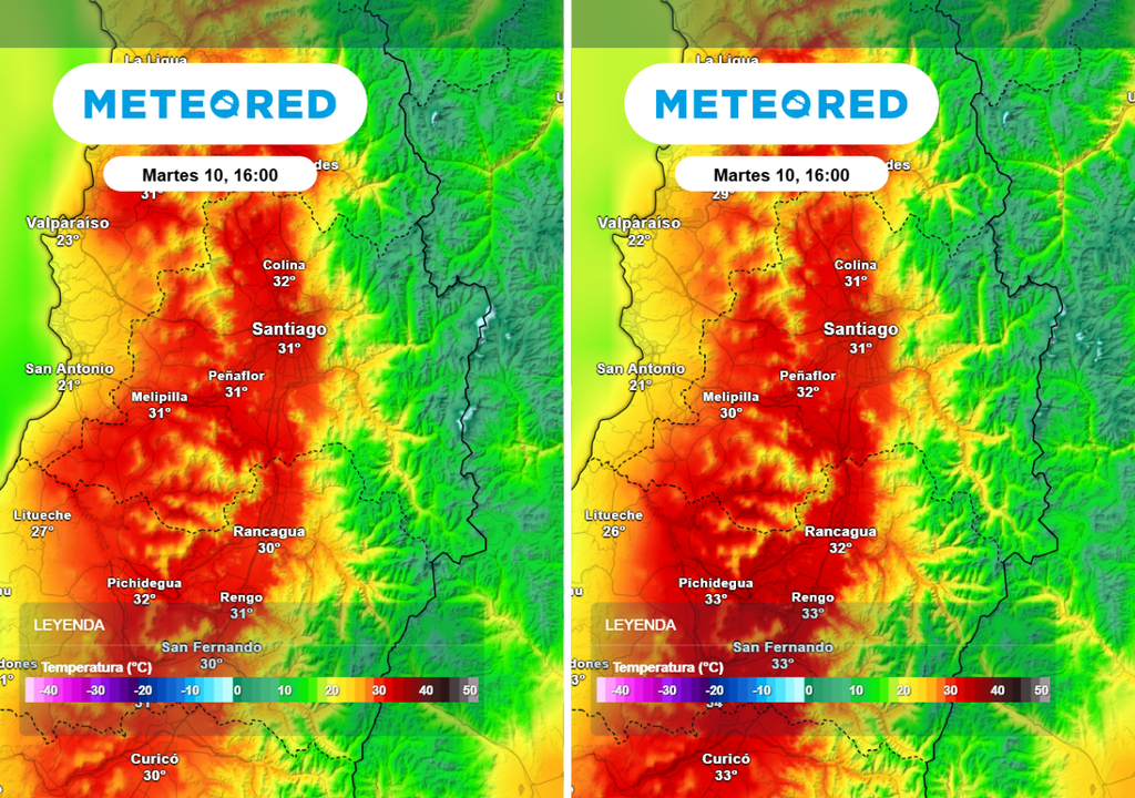 Modelo europeo (imagen izquierda) y GFS (imagen derecha) indican temperaturas similares este martes en la RM.