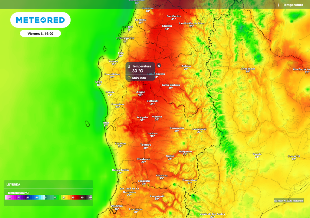 Temperatura máxima (°C) para el viernes 06 de marzo 2026 en las regiones de Ñuble, Biobío, La Araucanía y Los Ríos.