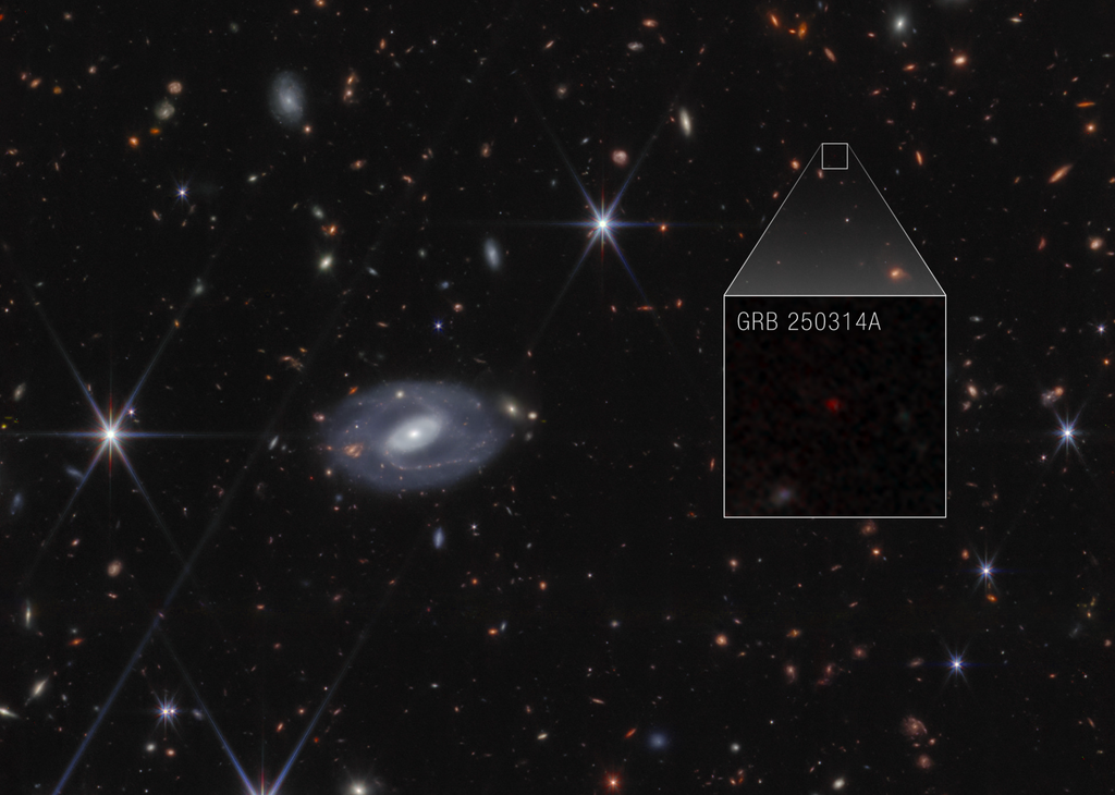 Regione di cielo in cui è stata identificata la supernova vista da Webb (nel riquadro) che ha prodotto il lampo gamma Grb 250314a. Crediti: Nasa, Esa, Csa, Stsci, A. Levan, A. Pagan