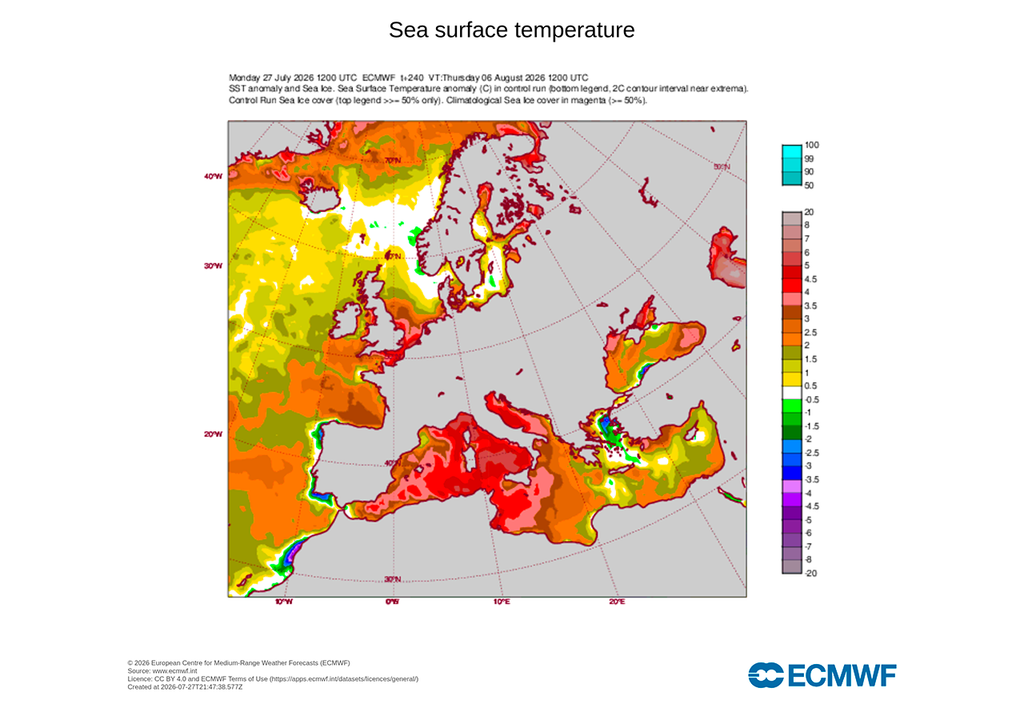 Le acque del Mediterraneo sono eccezionalmente calde per il periodo, soprattutto nel settore centrale e occidentale.