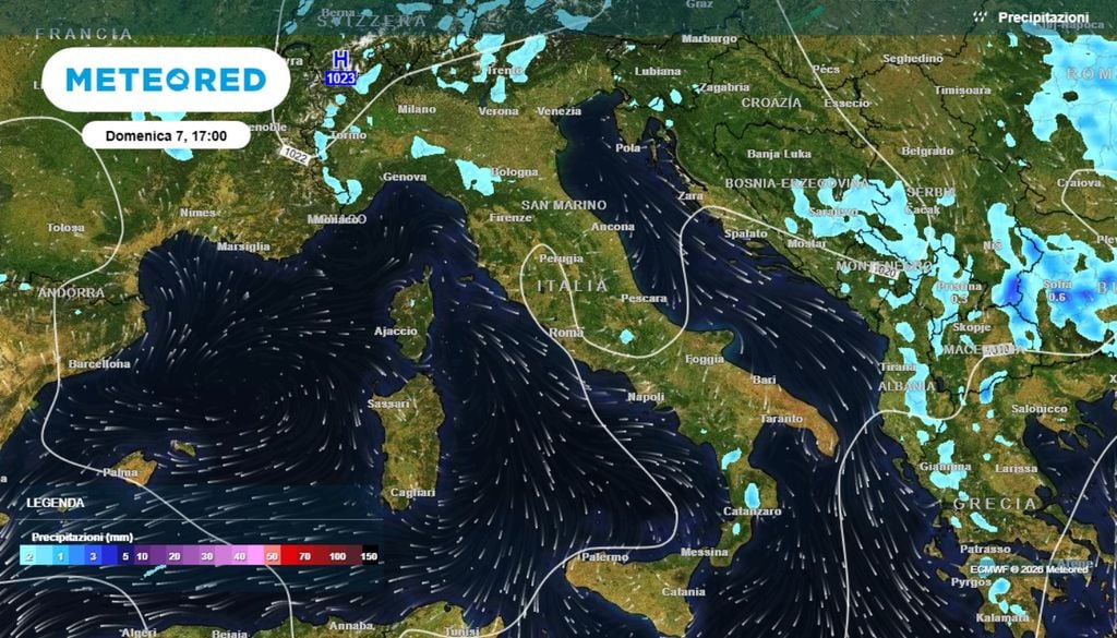 Mappa delle pance previste dal modello ECMWF per domenica pomeriggio.