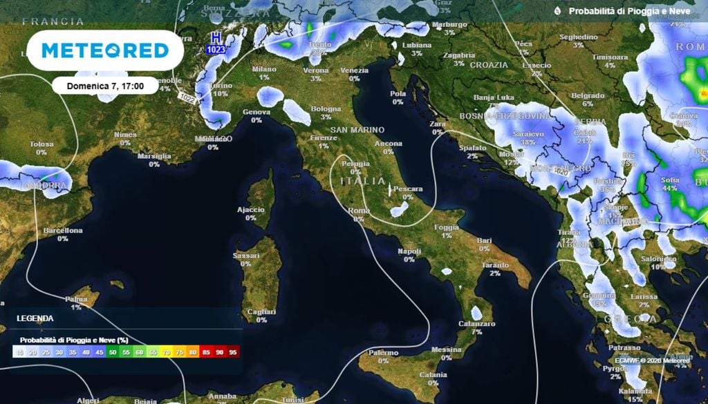 Mappa delle probabilità di pioggia per domenica pomeriggio