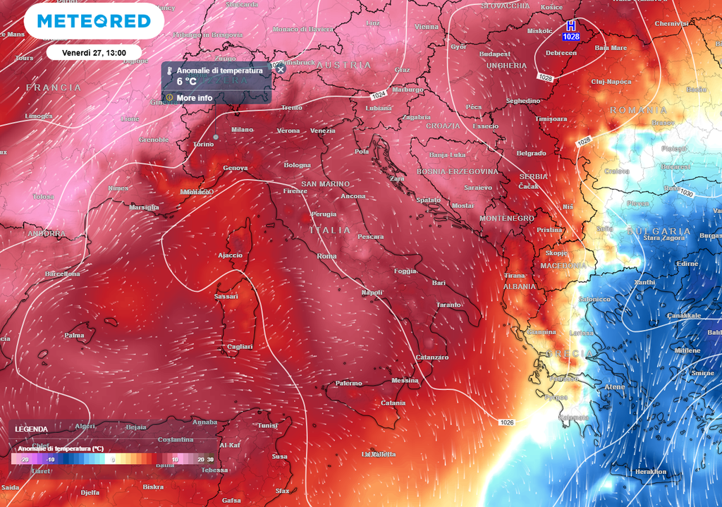 Le mappe delle anomalie termiche mostrano una persistenza del colore rosso, segno inequivocabile di scarti positivi rispetto alle medie del periodo che potrebbero toccare i +10°C in quota.