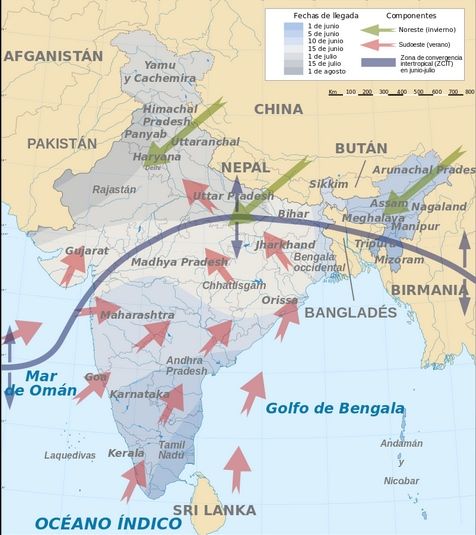 Fecha del inicio y final del monzón en la India con flujos principales. Wikipedia Fecha del inicio y final del monzón en la India con flujos principales. Wikipedia
