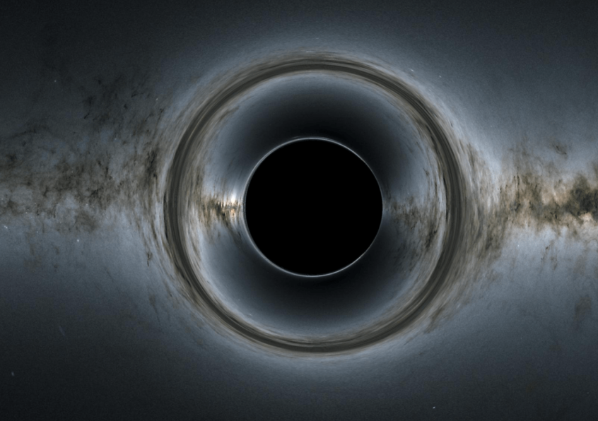 Esta simulación de un agujero negro supermasivo muestra cómo distorsiona la región estrellada y captura la luz, creando la silueta de agujero negro. Simulación Centro de Vuelo Espacial Goddard de la NASA; imagen de fondo: ESA/Gaia/DPAC