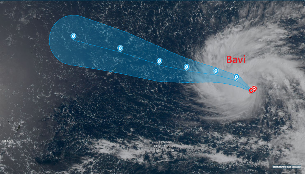 Imagen de la tormenta tropical Bavi a fecha de 2 de julio de 2026 sobre las 05 UTC con trayectoria, cono de incertidumbre e intensidad prevista. Tiempo.com