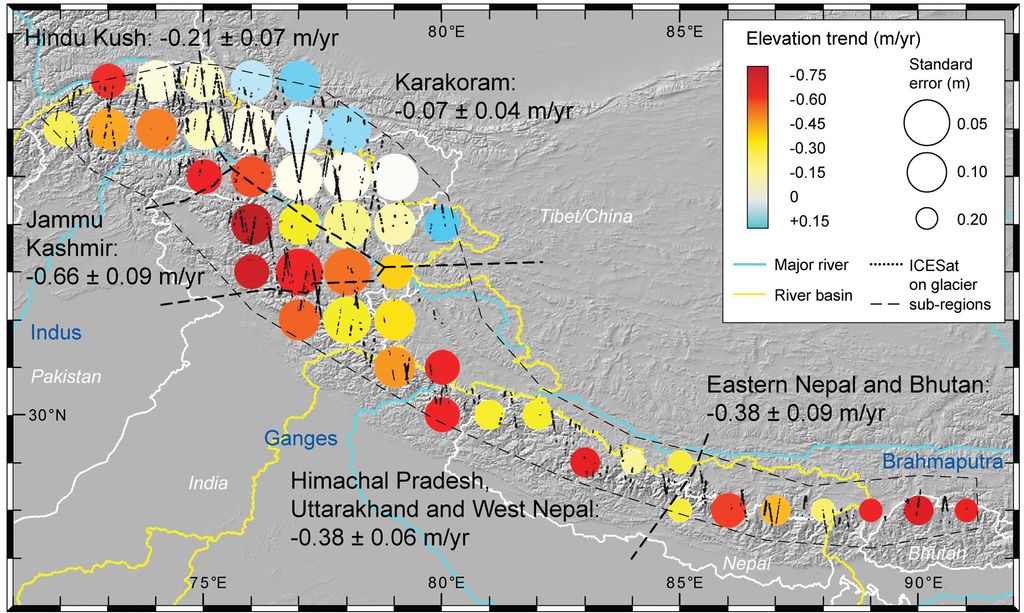 Imágenes de Landsat que permiten clasificar datos de altimetría láser Las imágenes de Landsat permitieron clasificar los datos de altimetría láser en función de las características de la superficie de los glaciares, que fueron comparados con el modelo digital de elevación para determinar cómo había variado su elevación con el tiempo.
