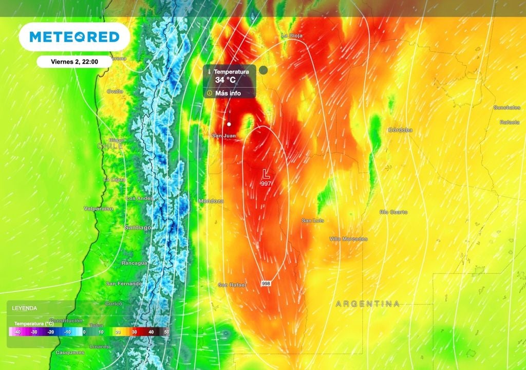 Zonda San Juan Durante la tarde del viernes 2 de octubre la potencial irrupción de viento zonda podrá llevar la temperatura a valores cercanos a los 35 ºC sobre San Juán con ráfagas que pueden rondar los 80 km/h.