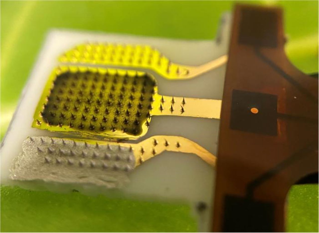 Estos parches son una matriz de agujas microscópicas de plástico sobre una base flexible.