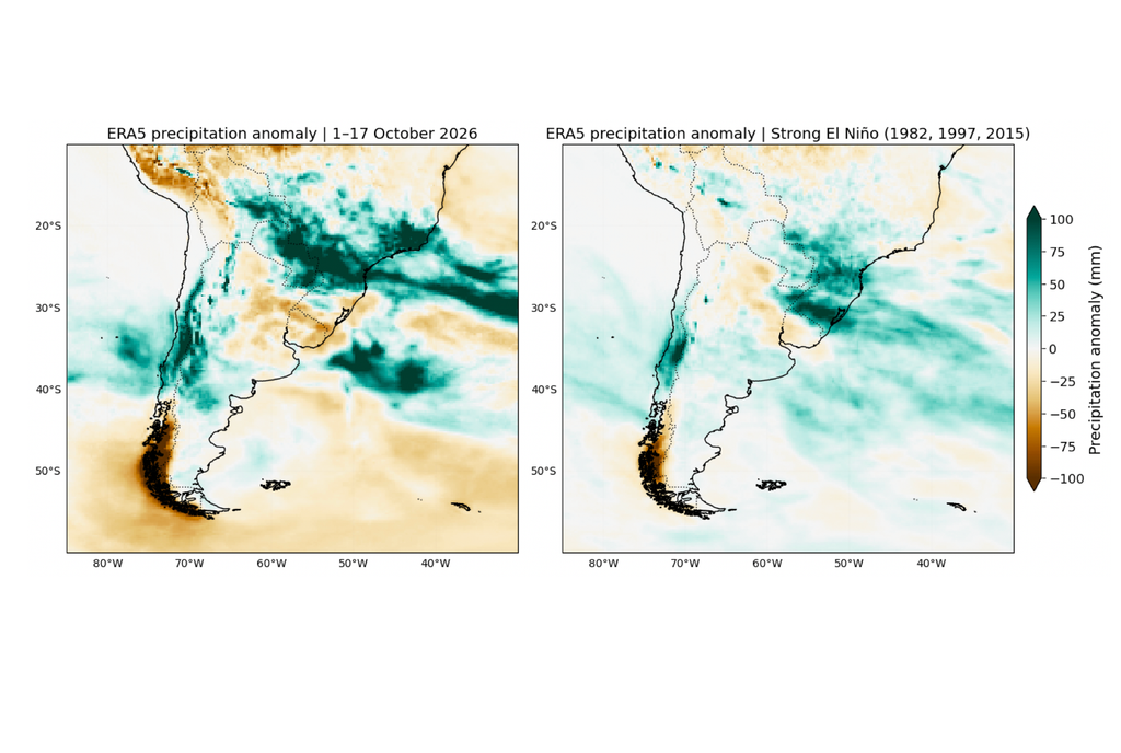 Izquierda: anomalías acumuladas entre el 1 y el 17 de octubre de 2026 según ERA5. Derecha: patrón medio de anomalías de precipitación durante eventos El Niño fuertes. Datos: ERA5-Copernicus.