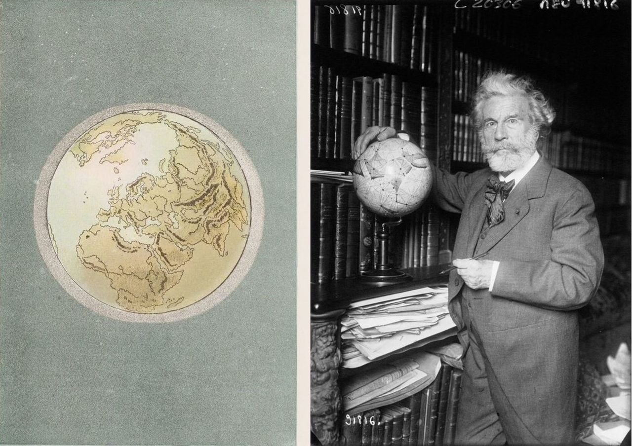 Izquierda: Lámina de la Tierra vista desde el espacio, incluida en “L'Atmosphère. Météorologie Populaire” (1888). Fuente: https://humanoidhistory.tumblr.com/ Derecha: Camille Flammarion fotografiado en su despacho en 1921 © Agence Meurisse.