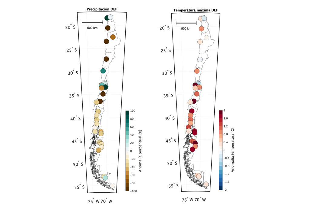 Mapas de anomalías de precipitación (izquierda) y temperatura máxima (derecha) para el verano (diciembre 2025 a febrero 2026) usando como referencia el periodo 1991-2020. Fuente de datos: DMC.