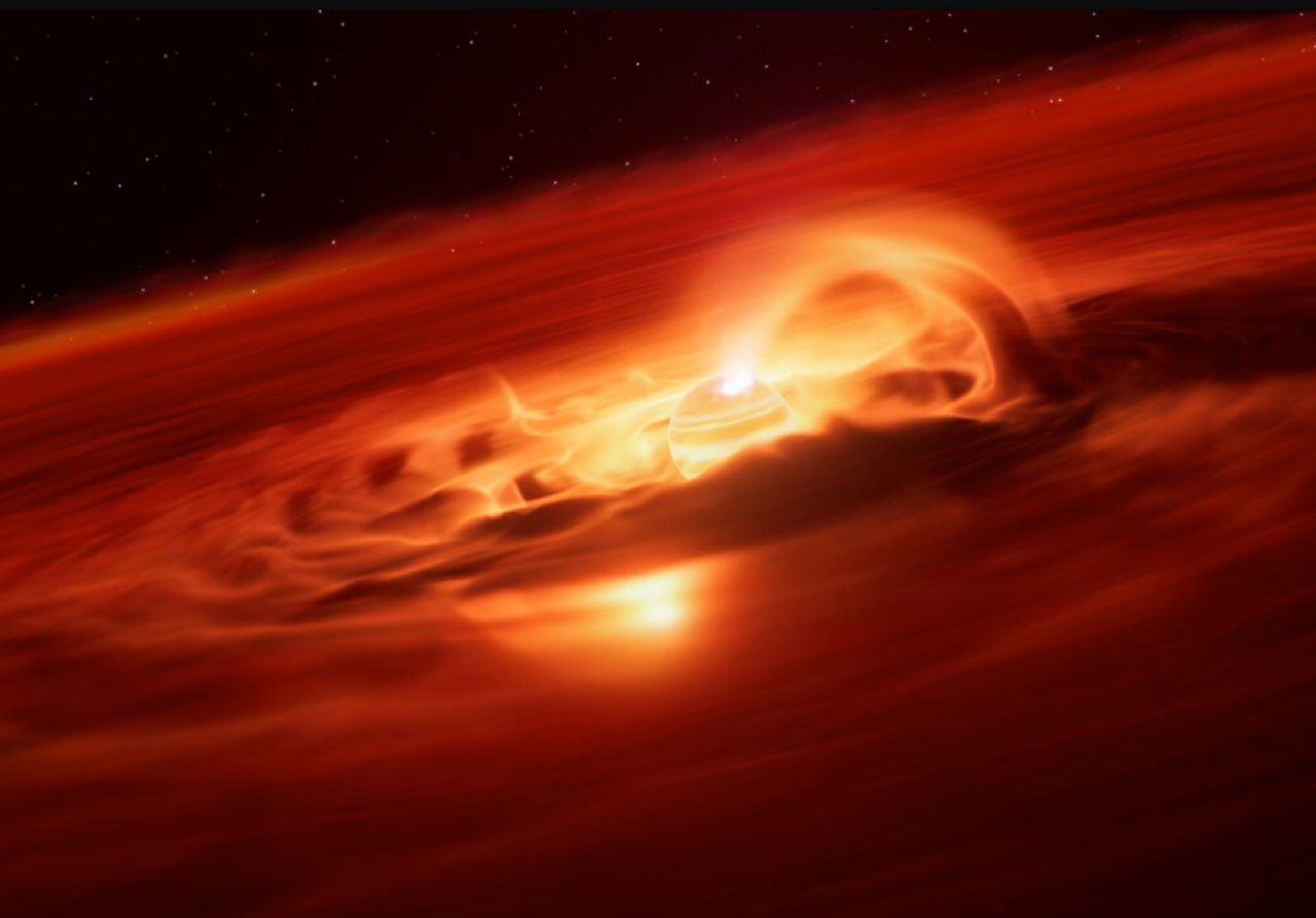 Rappresentazione artistica del pianeta vagabondo Cha 1107-7626 immerso nel suo disco di accrescimento di porveri e gas e sede di intensi campi magnetici.Credit: ESO/L. Calçada/M. Kornmesser