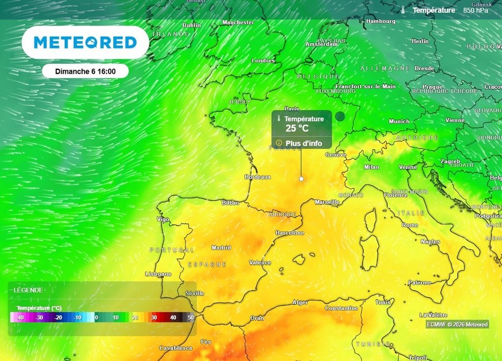Températures à 850 hPa Les températures à 850 hPa s'annoncent particulièrement élevées ce dimanche sur la moitié sud