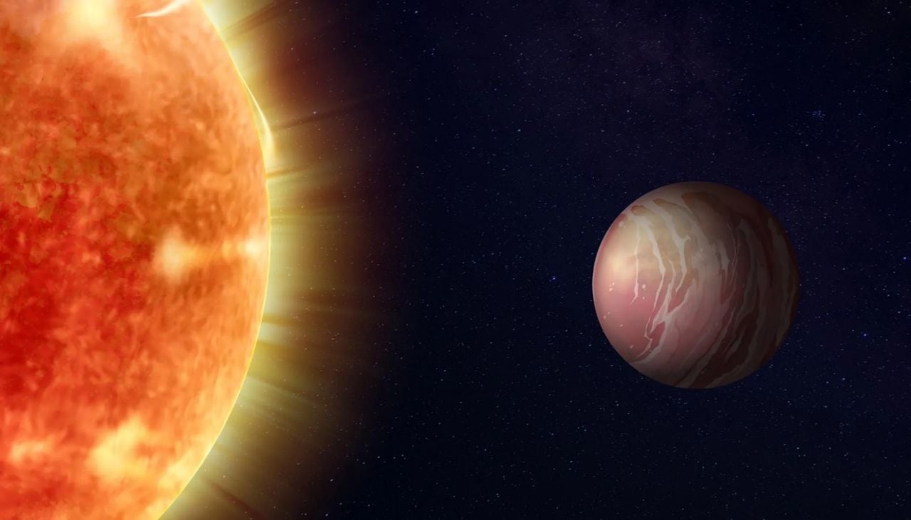 Concepto artístico del mundo de lava TOI-561 b y su estrella, cuya superficie está agitada por gas caliente y burbujeante. Crédito: CryoDragon Inc.