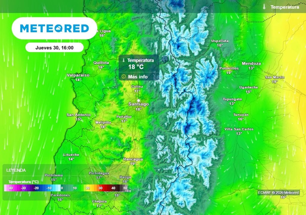 Este jueves la máxima podría alcanzar cerca de 19 °C en zonas de Santiago, según indica el ECMWF.