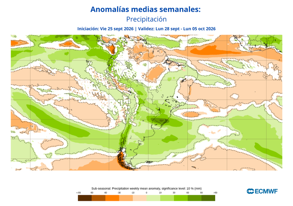 anomalías medias semanales de precipitación - ECMWF Esta semana se prevén lluvias sobre lo normal en la zona central.