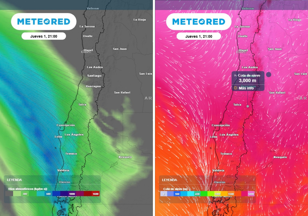 río atmosférico y cota de nieve Este jueves arriba un nuevo río atmosférico y además se prevé una isoterma cero alta: se deben extremas las precauciones por posibles remociones en masa.