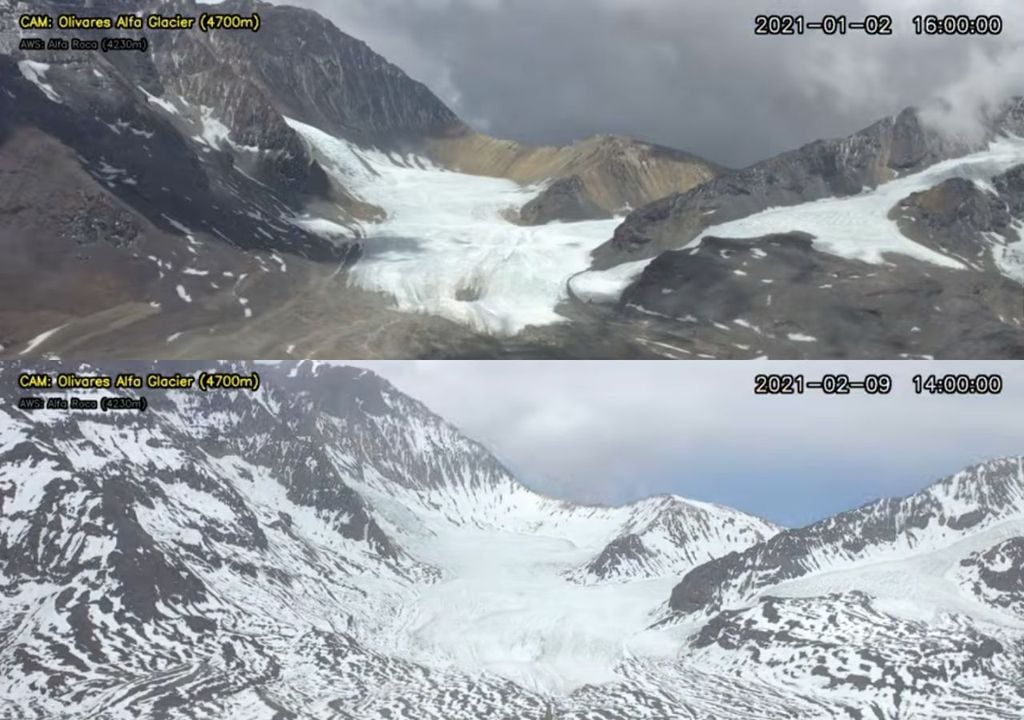 Fotografías del glaciar Olivares Alpha antes y después de la tormenta de enero de 2021. Fuente: Bravo et al. 2025, The Cryosphere.