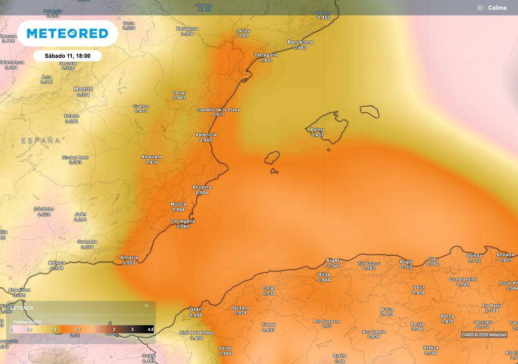 La densidad de polvo será destacable ya desde mañana sábado, con un flujo de vientos del sureste marcado en superficie.