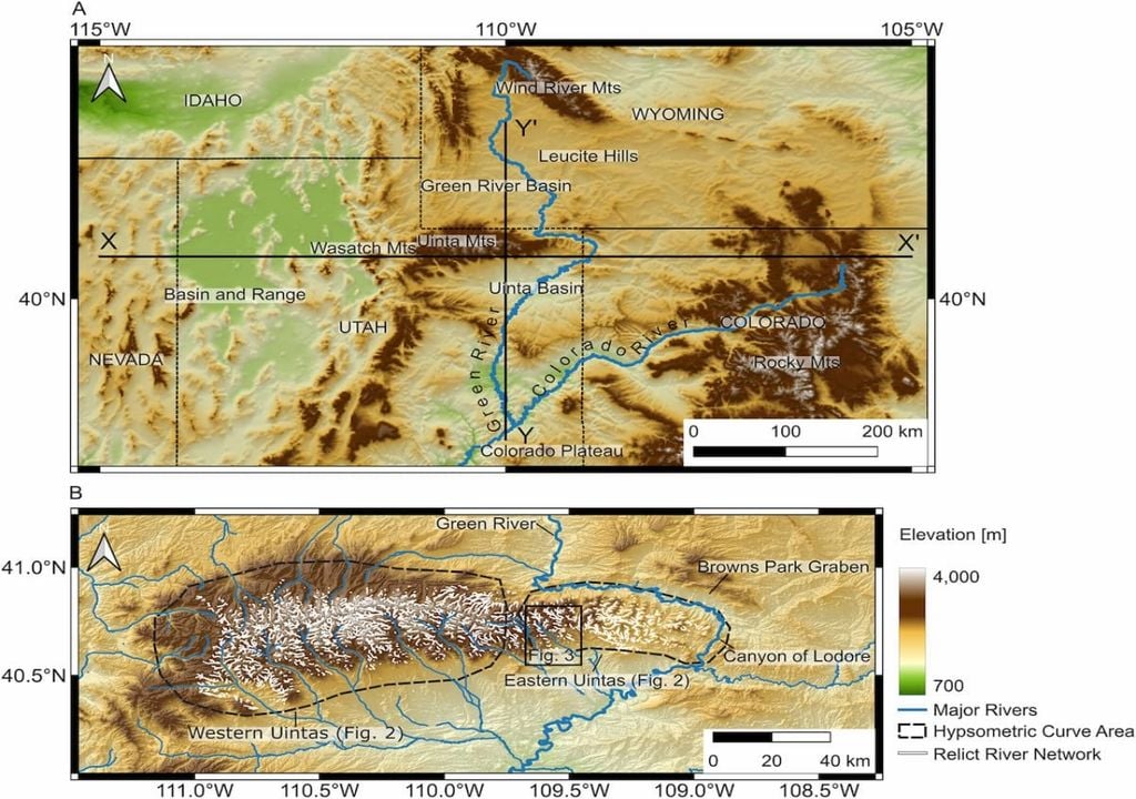 (a) Mapa regional del oeste de EE. UU. centrado en las montañas Uinta. X-X′ e Y-Y′ son las líneas de sección para los resultados de la tomografía sísmica. (b) Mapa de elevación de las montañas Uinta. Se muestran los principales ríos y se han etiquetado las ubicaciones clave. La red relictual se muestra en blanco. Crédito: A.G.G. Smith et al. 2026